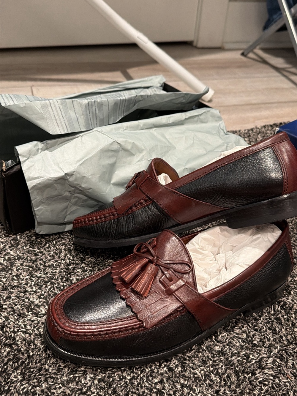 Johnston & Murphy Two-Tone Black and Brown Tassel Kiltie Loafers